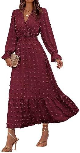 BTFBM Women Fall Maxi Dresses 2025 Long Sleeve V Neck Swiss Dots High Waisted A-Line Ruffle Boho Long Dress Vacation M