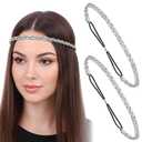 2 Pcs Elastic Rhinestone Headband Adjustable Silver Headband 70s Sparkly Metal Headbands Crystal Headpiece Women Hair Accessories for Women Wedding Prom Party Festival