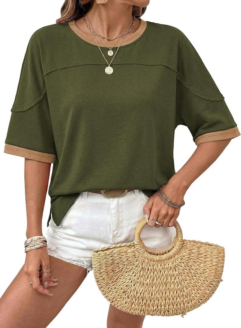 Dokotoo Summer Tops for Women 2026 Loose Oversized T Shirts Crewneck Color Block Side Slits Basic Tee Blouses (S)