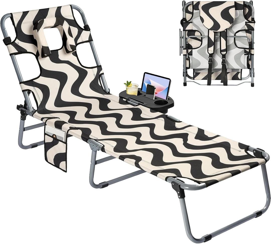 Tanning Chair with Face Hole for Adults, Outdoor Folding Lounge Chair with Side Table for Phone Drinks and Tablet, 4 Position Adjustable Backrest, Lay Flat Chaise Lounger for Beach Patio Pool