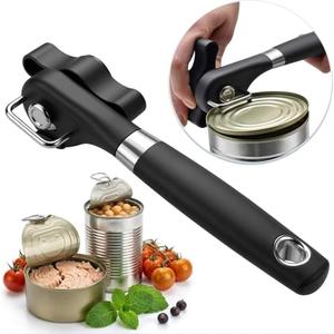 RICKUNCL Side Cut Can Opener Smooth Edge, Safety Can Opener with Durable Sharp Blade, Big & Soft Turn Knob & Comfortable Non-Slip Handle, Black