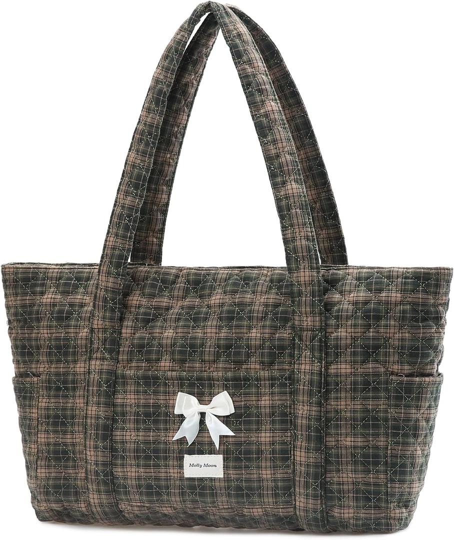 Molly Moon Tote Bag for Women, Quilted Plaid Tote Bag with Zipper, Quilted Cotton Shoulder Bag for Women, Lightweight Green Plaid bag for College, Travel, Daily, Women's Gifts for Sister Teachers