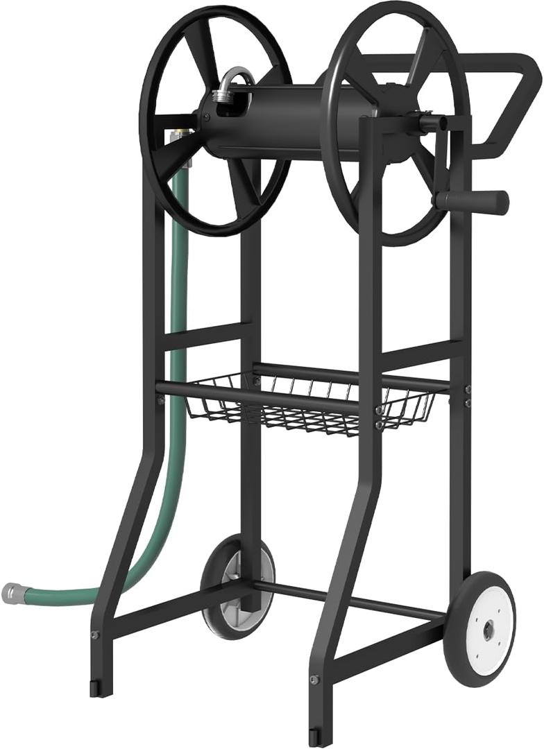 Garden Hose Reel Cart with Wheels, Outdoor Heavy Duty Powder Coated Steel Water Winder Storage Holds 125 ft 5/8" Hoses with 3.9ft Leader Hose and Basket for Backyard, Yard, Lawn, Black