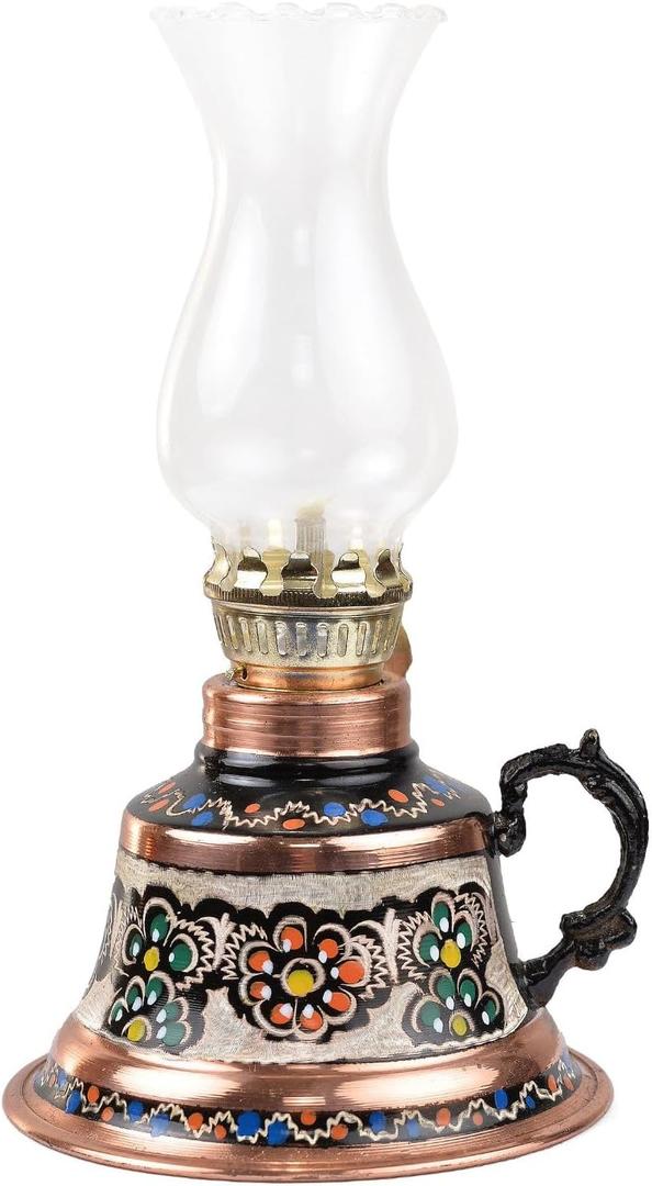 Handmade Copper Oil Lamp with Glass Chimney | Vintage Hurricane Lantern for Home Decor, Farmhouse Kitchen, Rustic Living Room | Decorative Indoor Outdoor Kerosene Lamp and Christmas Gift