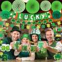 St. Patricks Day Party Decorations Set, Green Lucky Theme Decor with LUCKY Banner, Clover Hanging Swirls with Cutouts, Paper Fans & Tissue Pom Poms, Party Supplies for Home Office Classroom