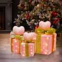Pink Christmas Decor Light up Gift Boxes with Heart, Light up Xmas Boxes with Battery Operated for Wedding Christmas Valentine's Day Decorations Indoor and Outdoor (3 Pack) (Pink Heart)