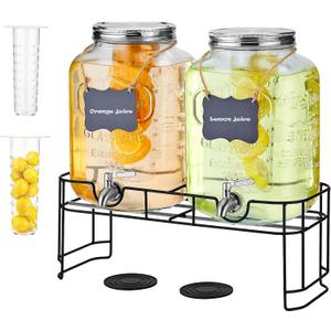 2 Gallon Drink Dispensers for Parties, 2 Pack Beverage Dispensers with Stand, Glass Water Jug Dispenser
