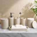 LIN CHUAN 6-Piece Bathroom Accessories Set, Bathroom Accessory Set with Soap Dispenser, Toothbrush Holder Set, Vanity Tray, Tumbler & 2 Cotton Swab Jars, Modern Stylish Bathroom Organizer(Beige)