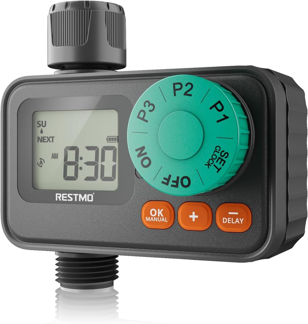 RESTMO Sprinkler Timer with 3 Separate Programs, 7-Day Programmable Water Timer for Garden Hose, Automatic Control/Manual/Rain Delay for Drip Irrigation, Lawn and Yard Watering System (1 Zone)
