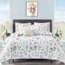 UOZZI BEDDING 3 Piece Reversible White Quilt Set Queen Size with Blue Green Leaves and Red Flowers Soft Microfiber Lightweight Floral Adult Summer Coverlet Bedspread for All Season