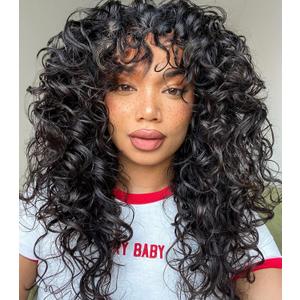 GKtineke-Curly-Wig Big-Curly-Wigs-for-White-Black-Women 20 Inch- Long-Curly-Afro-Wig-with-Bangs Synthetic-Hair-Replacement-Wigs-for- Cosplay and Daily (Natural Black)