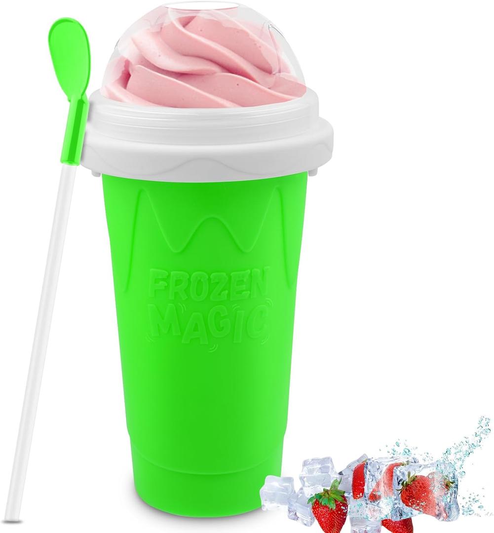 Slushie Maker Cup, DIY Magic Slushy Maker Squeeze Cups, Portable Smoothie Squeeze Cups for Juices, Milk and Ice Cream Make, Double Layer Squeeze Slushy Maker Cup, Birthday Gifts for Family (Green)