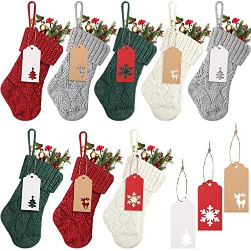 Kathfly 8 Pcs Christmas Mini Stockings 7 Inch Knitted Christmas Stockings with 30 Pcs Name Tags Classic Small Christmas Hanging Stockings for Xmas Family Holiday Party Decor, 4 Colors