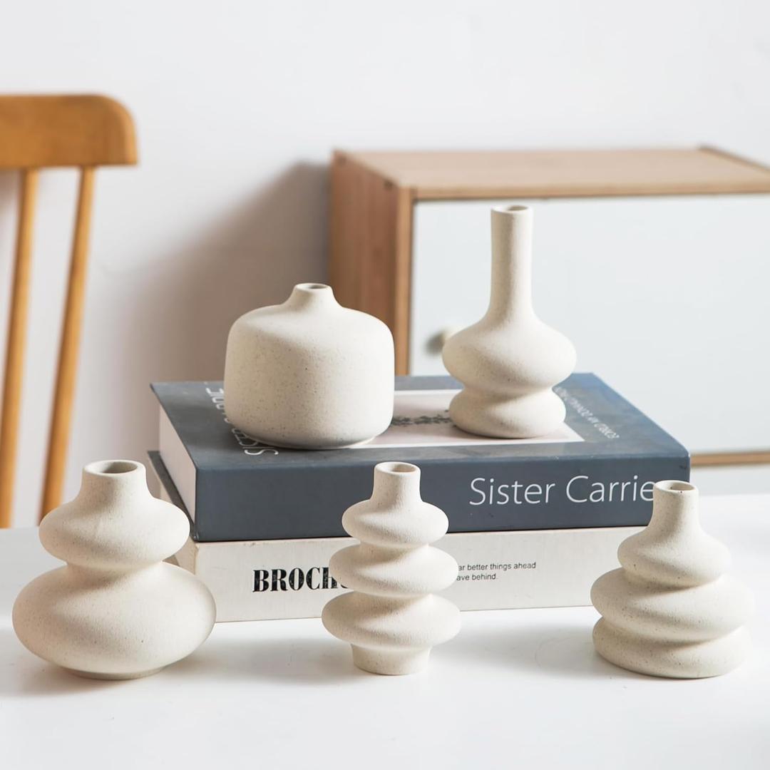 Small White Ceramic Vases Set of 5, Mini Decorative Boho Vases for Flower, Wedding & Home Decor