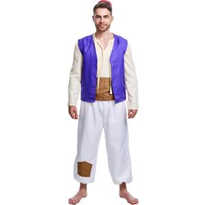 Men's Arab Prince Costume Waistcoat Tunic Pants Sash Hat Adult Halloween Cosplay Fancy Dress Clothes Full Set