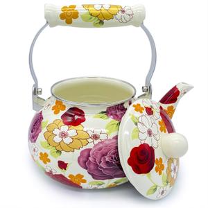 Enamel Teapot Floral,Large Porcelain Enameled Teakettle,Colorful Hot Water Tea Kettle Pot for Stovetop,Small Retro Classic Design (2.4L, Beige)