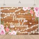 Happy Birthday Backdrop for Women Rustic Wooden Butterfly Happy Birthday Banner Decorations Glitter Lights Pink Floral Party Decoration Background for 20th 30th Women Girl 7X5ft(84x60 inch) (S1)