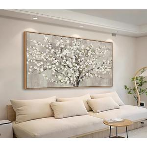 tigeridge Blooming Flower Tree Framed Wall Art - White Blossoms Green Leaves Canvas Pictures Wall Decor Soft Grey Painting Artwork Elegant Floral Prints Living Room Decor 40 x 20in, Natural Wood Frame