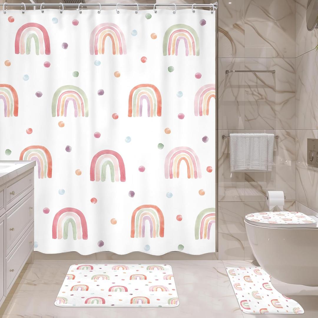 4 PCS Kids Girls Rainbow Shower Curtain Set 72Wx72H Inch, Bathroom Rug, Toilet Lid Cover, U Shape Mat, Boho Cute Pink Bathroom Set Nonslip Quick Dry Dirt Resistant Accessories Bathroom Decors