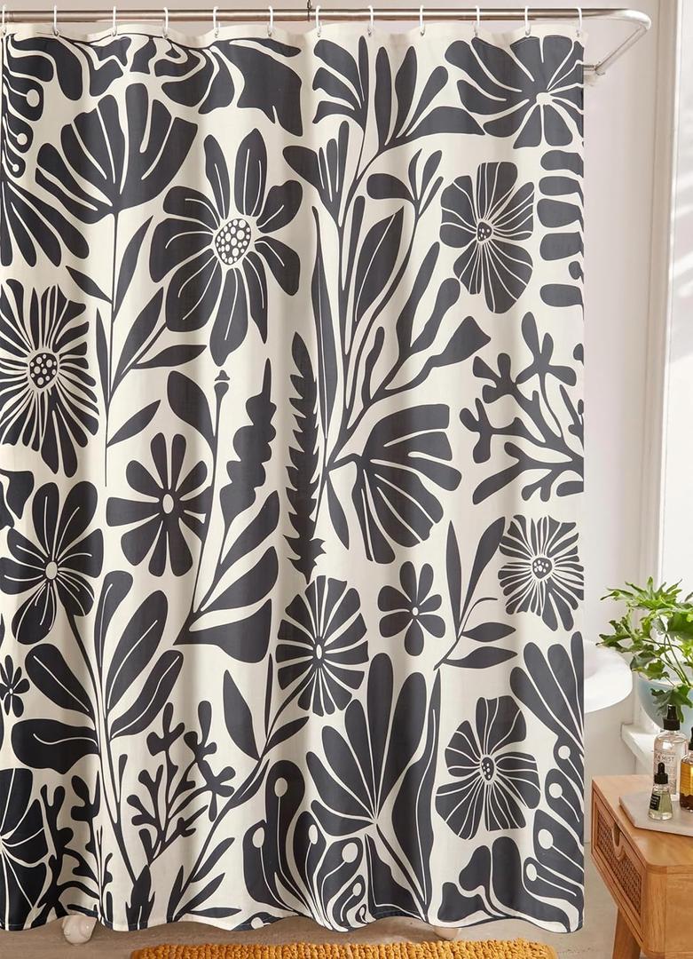 RoomTalks Black Vintage Floral Faux Linen Shower Curtain Extra Long 78 Inch - 210GSM Heavy Duty Modern Farmhouse Country Rustic Matisse Plants Botanical Shower Curtain Set (Black and Beige)