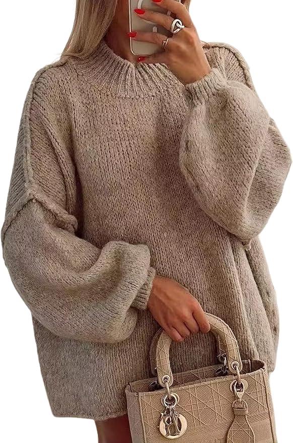 Womens Oversized Fall Sweater 2026, Chunky Knit Crewneck Long Sleeve Fuzzy Pullover Tops (Small, Beige)