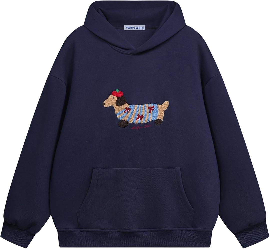 Aelfric Eden Cartoon Dog Hoodie Couple Hooded Sweatshirt Long Sleeve Pullover Oversized Hoodies 2026 Outfits (Blue, M)