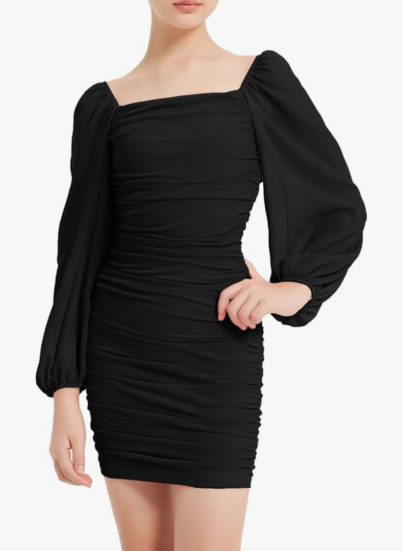 Women's Ruched Bodycon Dress Teens Mesh Lantern Sleeve Party Dance Homecoming Tight Short Pencil Dresses 3XL
