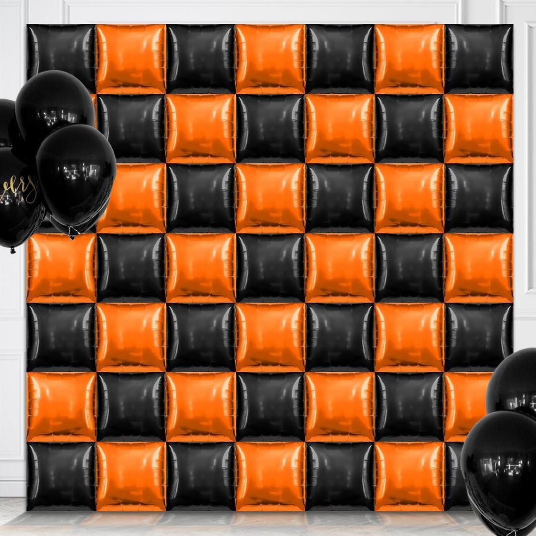 50 Pcs Black and Orange Square Foil Balloons Wall Backdrop, 19 Inch Reusable Mylar Basketball Balloons DIY Double Sided Tunnel Arch Kit for Birthday Graduation Basketball Party Baby Shower Decorations
