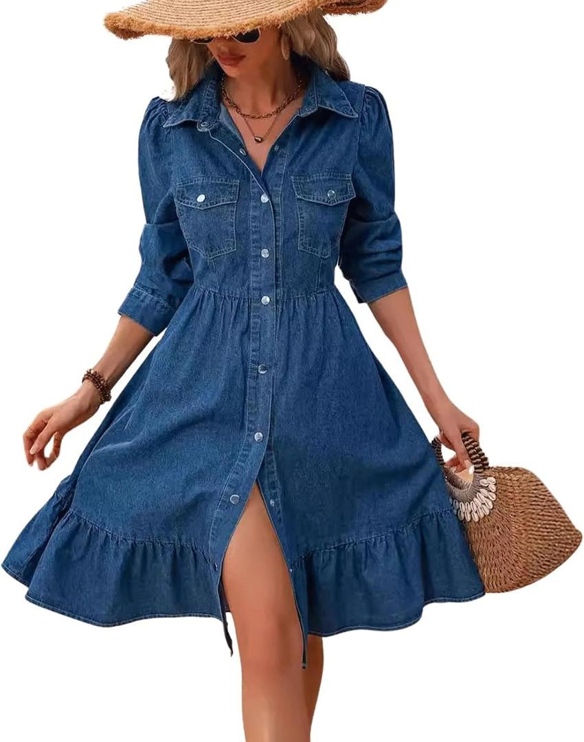 utcoco Women's Flowy Denim Dress 2025 Vacation Lapel Long Puff Sleeve Button Down A Line Swing Ruffle Jean Dress (Blue) XXL
