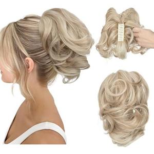 CJL HAIR Claw Clip Short Ponytail Hair Extensions DIY Bendable Metals Messy Bun Hair Piece for Wonen Wavy Curly Synthetic Fake Hairpieces Sunny Blonde