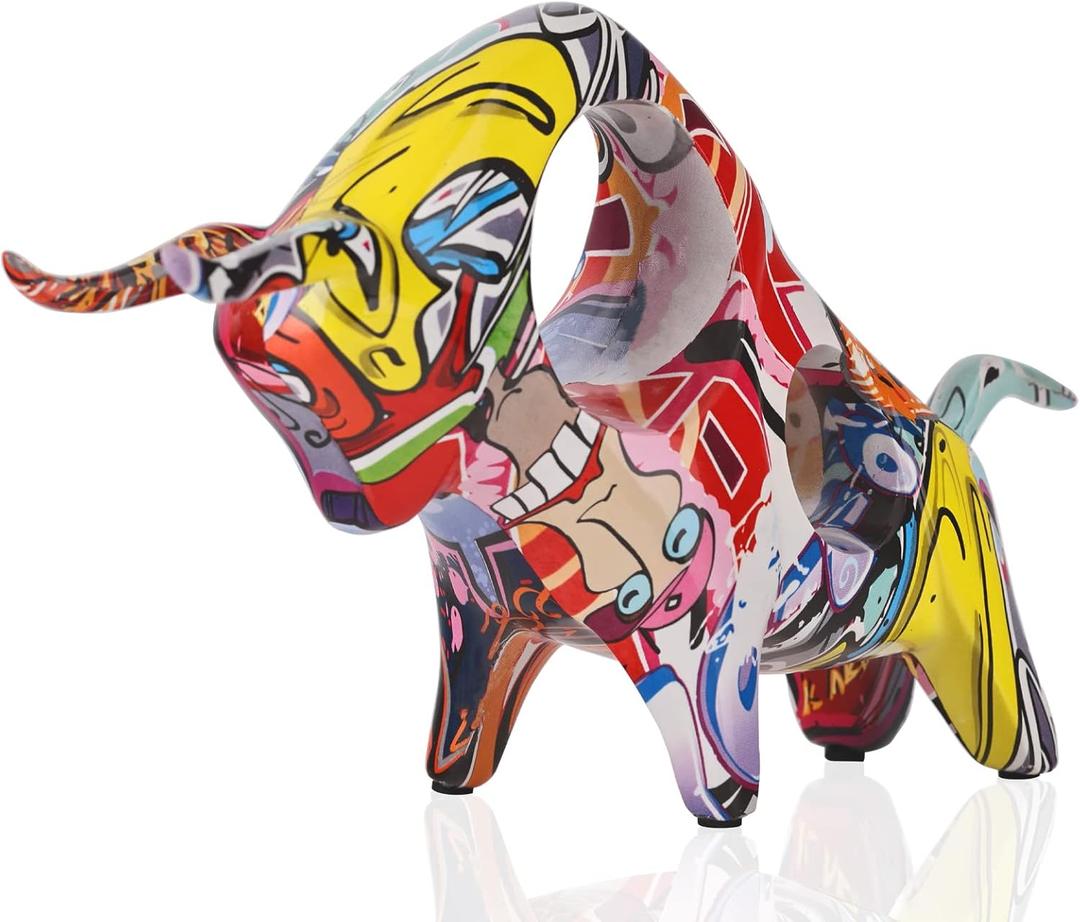 QIANLING Resin Graffiti Bull Statue, Minimalistic Full-Color Bull Figurine Decor, Originality Abstract Bull Sculpture Home Decor, Suitable for Interior Decor, Bookshelf, Table top, Centerpiece