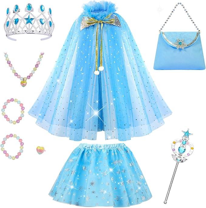 Meland Princess Dress up Clothes for Girl, Princess Cape with Kid Crown Toys, Birthday Gifts for Toddler Girls 3,4,5,6,7,8 (Blue)