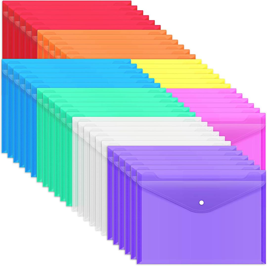 EOOUT 48 Pack Plastic Envelopes Poly Envelopes with Snap Closure, Clear Document File Folders, A4 Letter Size for School Home Work Office Organization, 8 Colors (Rainbow)