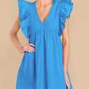 FANCYINN Women's Summer Casual Babydoll Mini Dress Ruffle Sleeveless Deep V Neck Pleated Swing Flowy Tunic Dress (Blue, M)