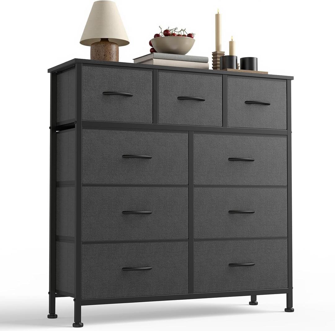 Sweetcrispy 9-Drawer Fabric Dresser Storage Tower with Wood Top and Steel Frame, Organizer Chest with Easy Pull Handles for Bedroom, Closet, Hallway,Modern Gray (Dark Grey)