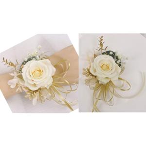 USIX 2pc Pack-Handmade Artificial Flower Rose with Gold Leaves Ribbons Artificial Pearls Wrist Corsage & Men's Lapel Boutonniere Pin Combo Set Package for Wedding Party Prom Homecoming (Corsage Pack)