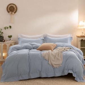 Duvet Cover Set Washed Cotton Embroidered Hem Queen 3‑Pcs