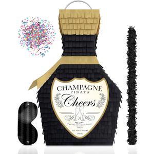 Black and Gold Champagne Piata with Stick 17X10X5 great for 21st Birthday, Decorations, Graduation, New Years & Wedding Props - Fits party favors