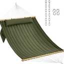 Double Quilted Fabric Hammock with Hardwood Spreader Bars and Pillow 450 LBS Capacity 2 Person Large Hammock for Outdoor Patio Backyard Poolside - Green