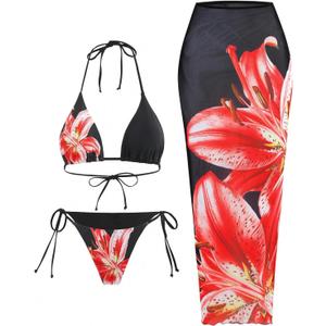 ZAFUL Womens 3pcs Swimsuit Floral Halter Triangle Bikini Top Tie Side Bottom with Long Sheer Cover Up Skirt (Large, 0-red)