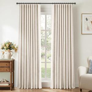 100% Blackout Shield Full Blackout Curtains for Bedroom 84 inch Length 2 Panels Set, Clip Rings/Rod Pocket Faux Linen Black Out Curtains for Living Room, Thermal Insulated, 50Wx84L, Beige