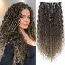 Hair Extension, LONAI 9PCS Clip in Hair Extensions, LN002 22" Long Curly Thick Heat Resistant Synthetic Soft Deep Wave Hairpieces for Women-Ombre Brown