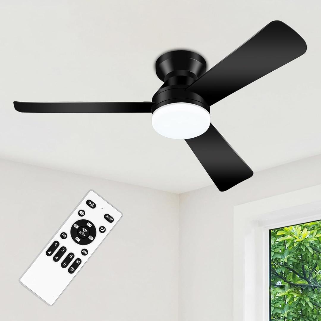Ceiling Fans with Lights - 42 Inch Low Profile Ceiling Fan with Light and Remote, Reversible DC Motors, 3CCT Dimmable Timer Noiseless, Black Flush Mount Ceiling Fan for Bedroom/Living Room