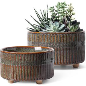 LE TAUCI Succulent Pots, 6.5+8 Inch Ceramic Pots for Plants Indoor, Shallow Round Succulent Planters with Drainage Hole, Set of 2, Reactive Glaze Black
