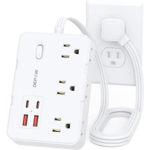 Surge Protector Power Strip with Flat Plug, 3 FT Extension Cord with 6 AC Outlets 4 USB Ports,1050J Surge Protection, Wall Mountable Charging Station for Office, Home, White