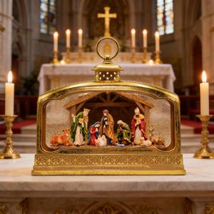 Christmas Snow Globes, 11.4" Nativity Glitter Water Lantern with Song, 6H Timer Battery & USB Powered Music Box for Christmas Decorations Indoor (Gold 31)