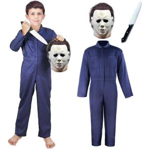 Halloween Cosplay Costume, Classic Horror Killer Blue Jumpsuit With Mask and Prop (120)