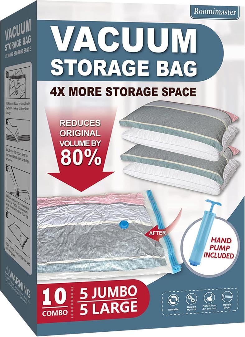 Roomimaster Vacuum Storage Bags, Vacuum Seal Space Saver Bags for Clothing, Travel Lugggage, Carry-on, Blankets, Comforters, Pillow, Bedding, 10 Combo