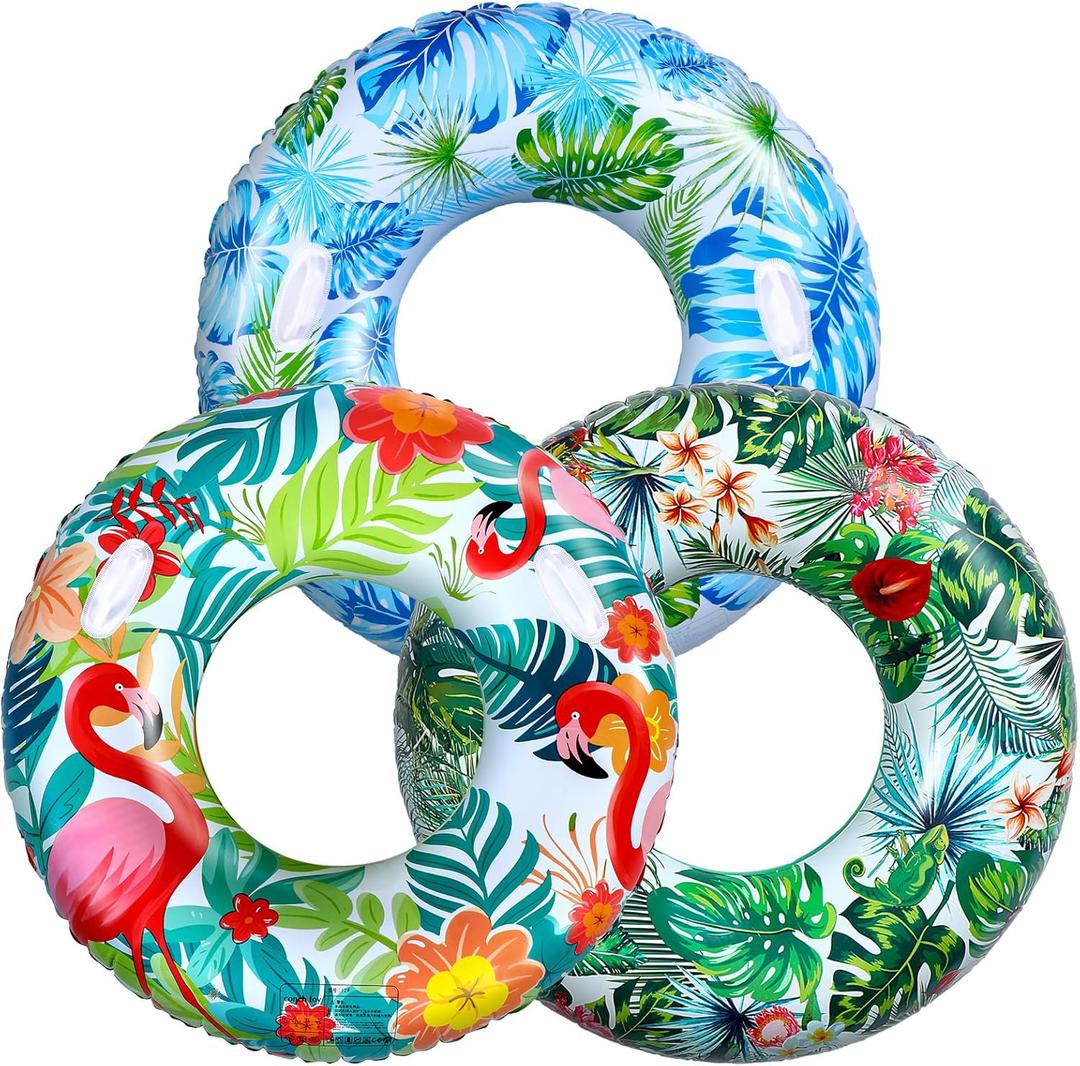 3 Pcs Jumbo Inflatable Pool Float Tube 47 Inch Hawaiian Flamingo Palm Leaves Inflatable Pool Floats Rings Swimming Raft for Adults Summer Beach Bachelorette Wedding Luau Tropical Party Supplies