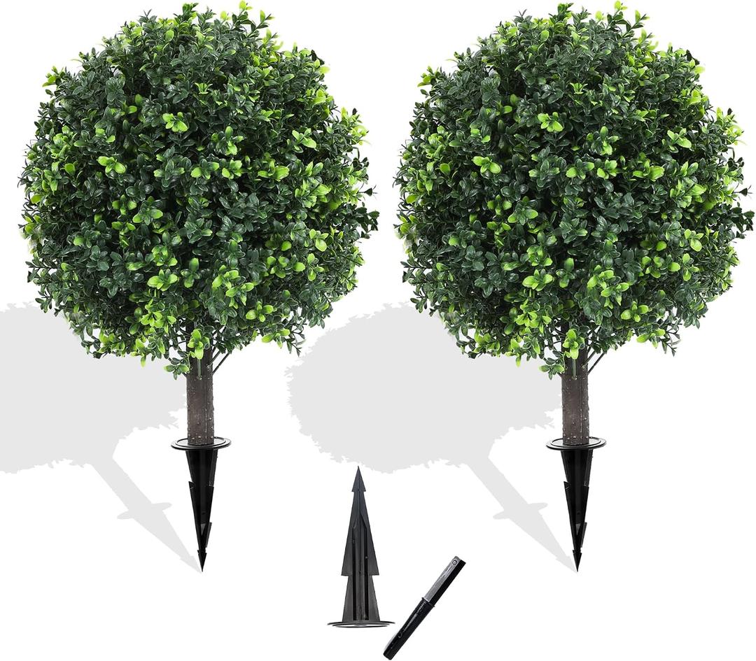 LXNRMHCH 27.2" Artificial Boxwood Topiary Set of 2 with Spike, Fake Plants Boxwood Balls Greenery Bushes, Uv Resistant Artificial Outdoor Plants Shrubs for Front Porch Decor, Home Faux Plants Indoor